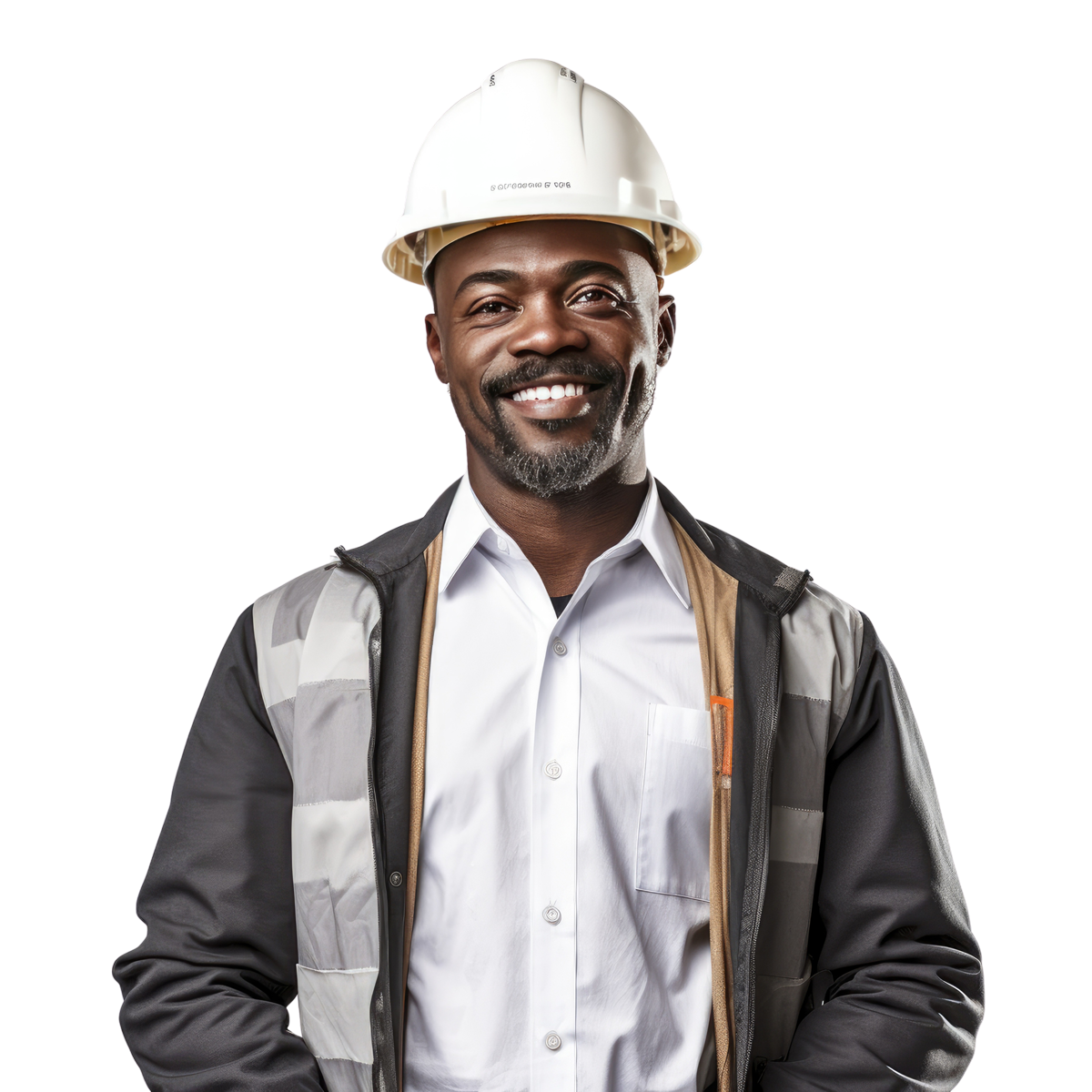 Black male architect standing up, body view, smiling